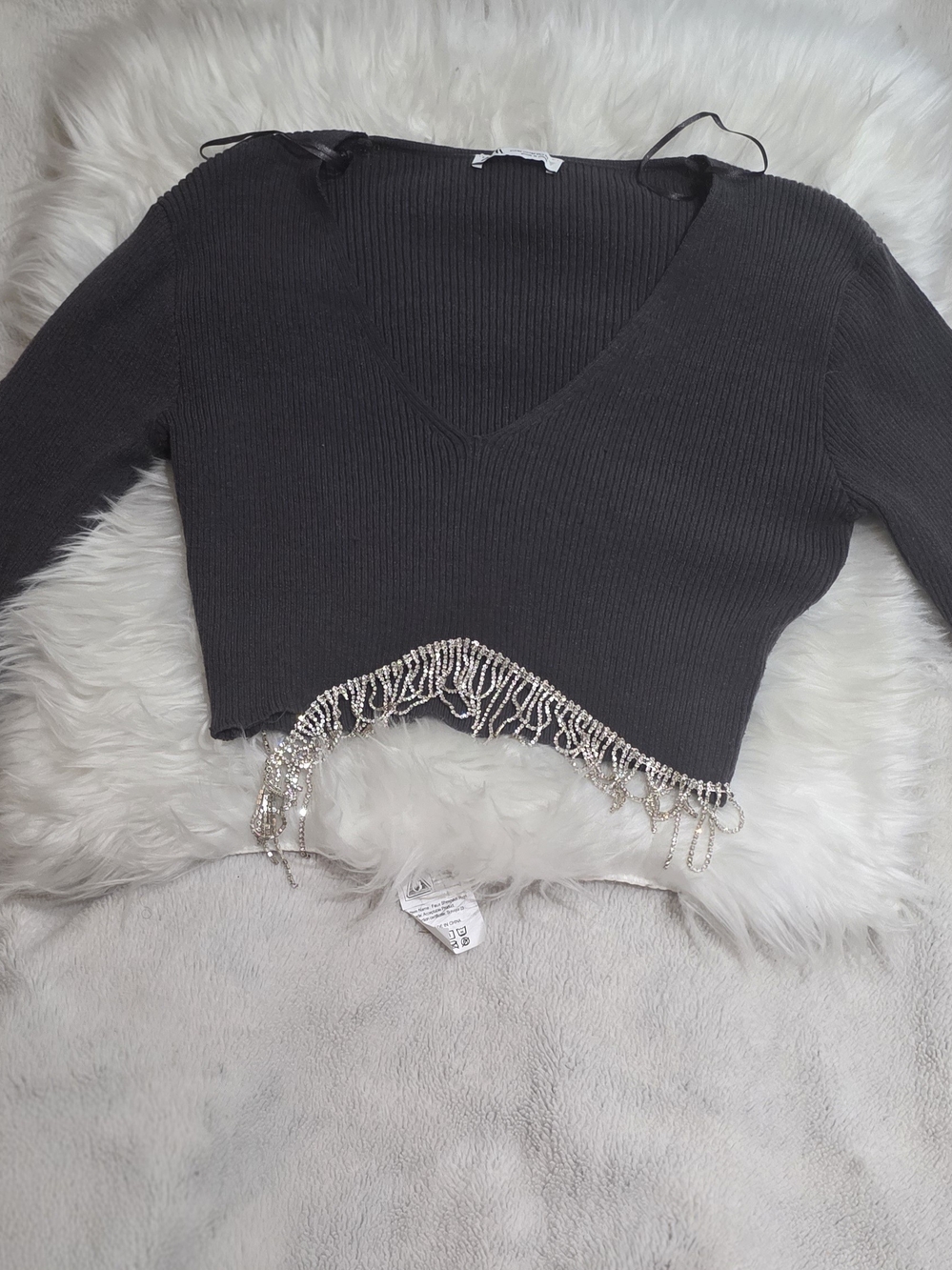 Zara Long Sleeve Women's Polyester Gray Gemstone Crop Top V Neck